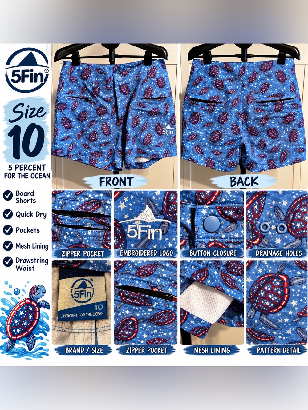 5FIN by AFTCO American Turtle Board Shorts - Size 10